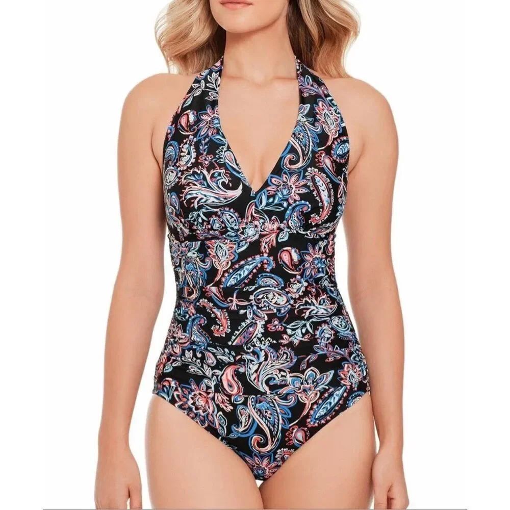 Time and Tru carnival paisley tummy control ruched one piece size M 8-10